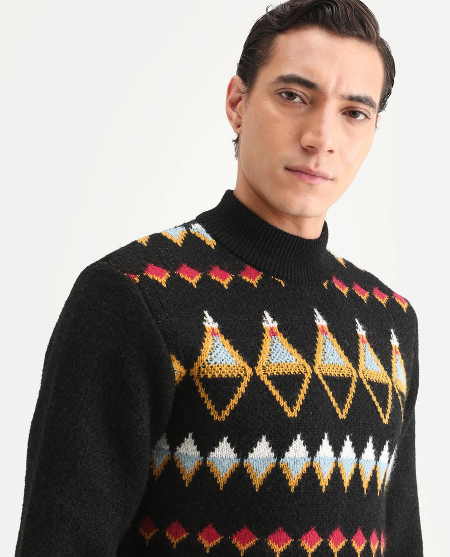 Rare Rabbit Men's Gaze Black Polyester Geometric Print Regular Fit Full Sleeve Crew Neck Sweater