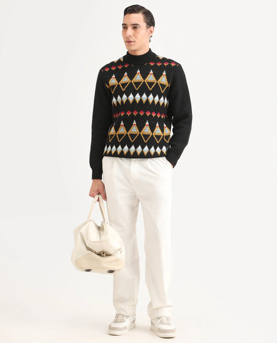 Rare Rabbit Men's Gaze Black Polyester Geometric Print Regular Fit Full Sleeve Crew Neck Sweater