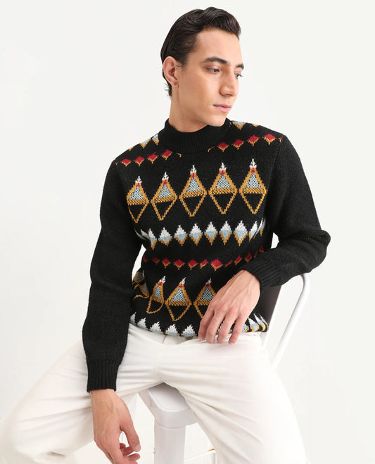 Rare Rabbit Men's Gaze Black Polyester Geometric Print Regular Fit Full Sleeve Crew Neck Sweater