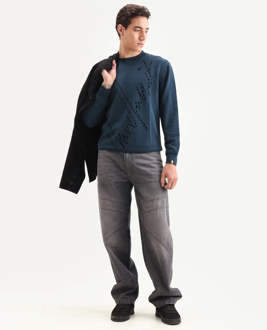 Rare Rabbit Men's Barak Teal Cotton Graphic Print Regular Fit Full Sleeve Crew Neck Sweatshirt
