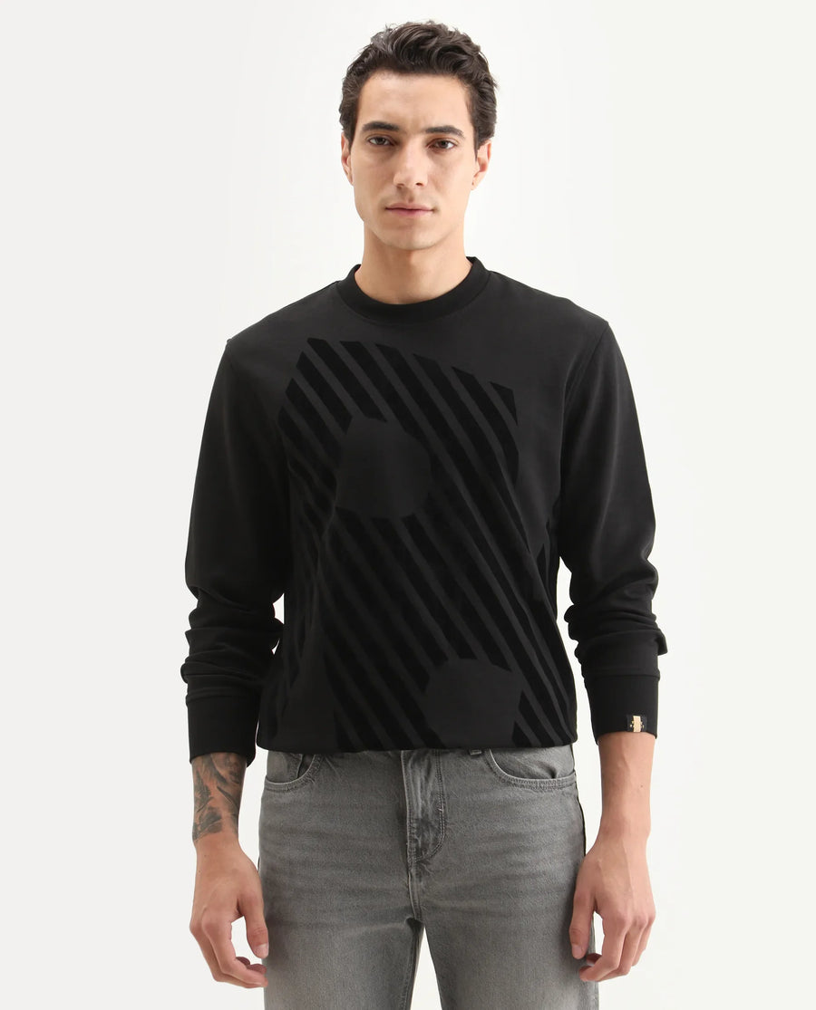 Rare Rabbit Men's Baron Black Plain Regular Fit Full Sleeve Crew Neck Sweatshirt