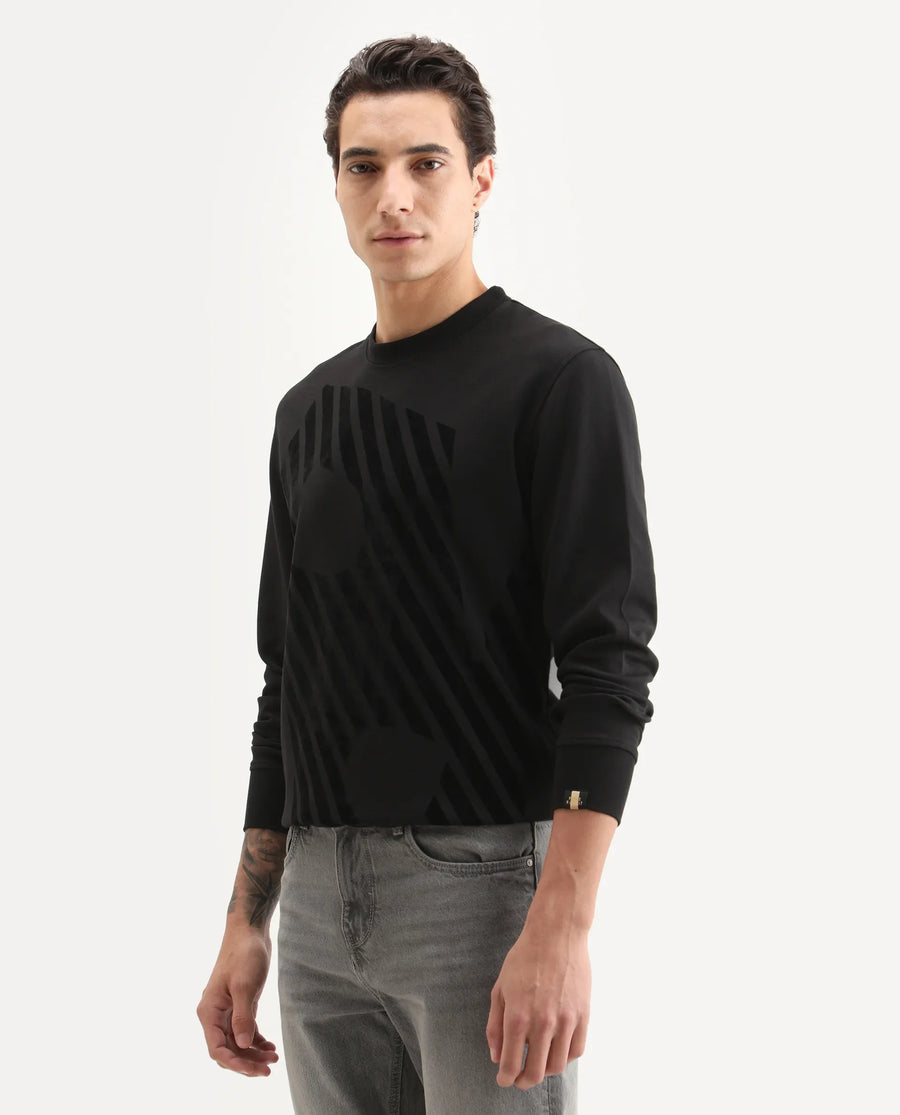 Rare Rabbit Men's Baron Black Plain Regular Fit Full Sleeve Crew Neck Sweatshirt