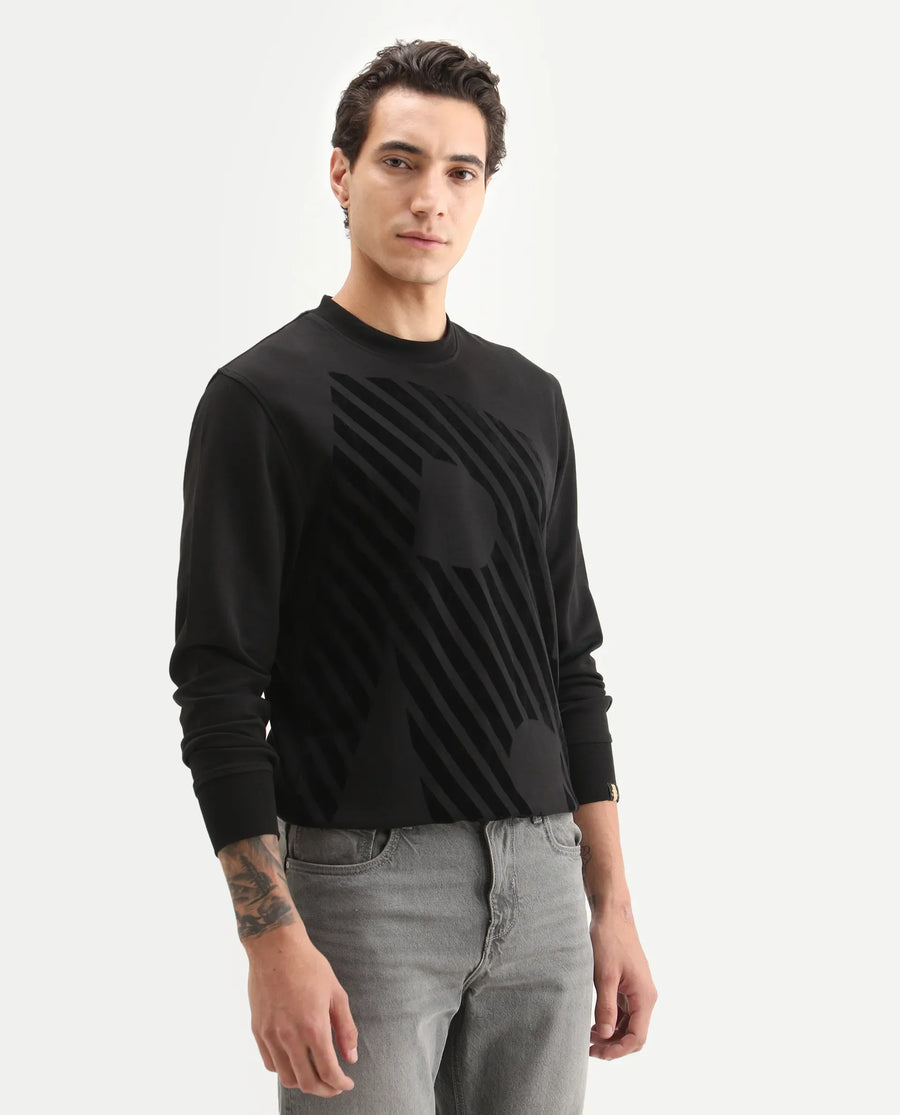 Rare Rabbit Men's Baron Black Plain Regular Fit Full Sleeve Crew Neck Sweatshirt