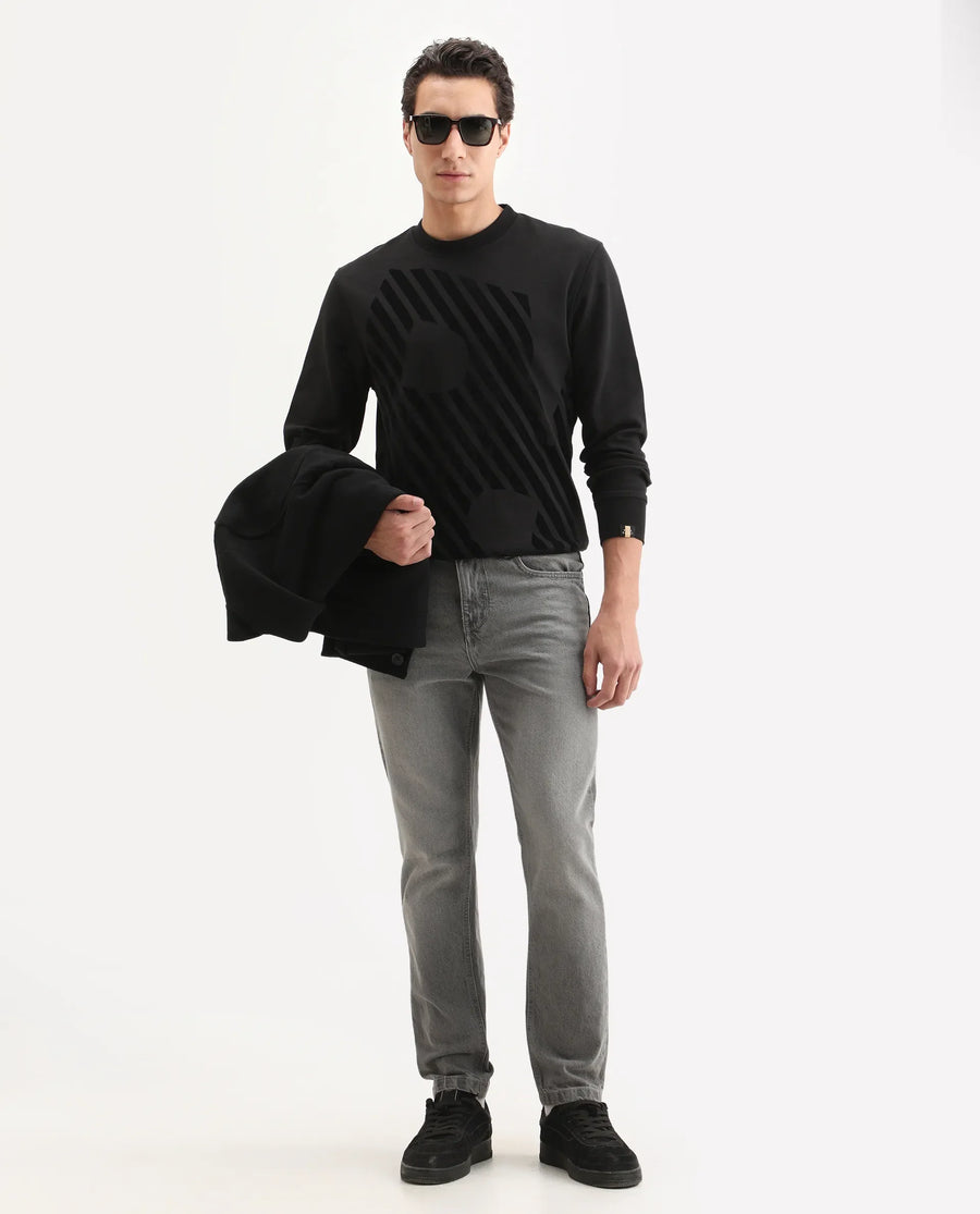 Rare Rabbit Men's Baron Black Plain Regular Fit Full Sleeve Crew Neck Sweatshirt