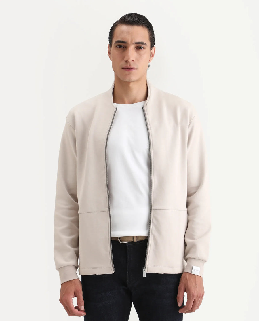 Rare Rabbit Men's Kezi Off White Cotton Blend Plain Regular Fit Full Sleeve High Neck Sweatshirt