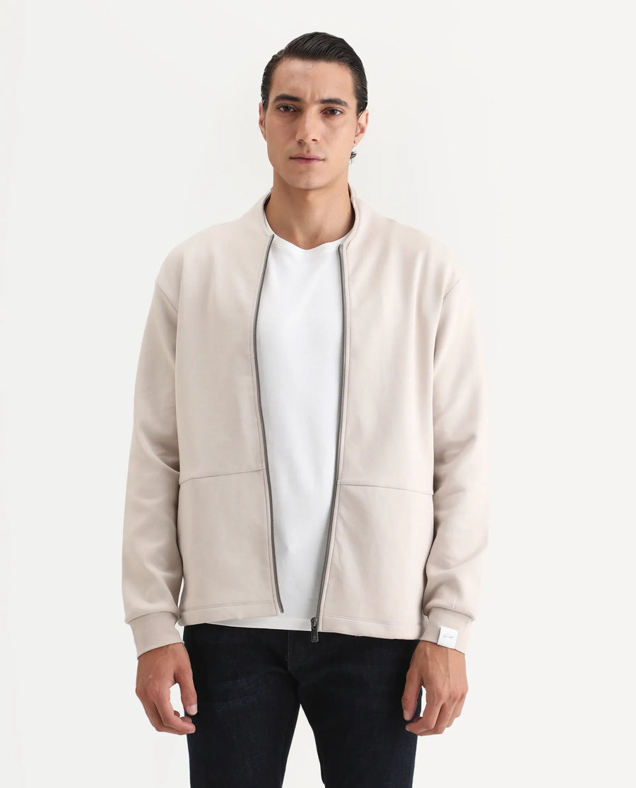 Rare Rabbit Men's Kezi Off White Cotton Blend Plain Regular Fit Full Sleeve High Neck Sweatshirt