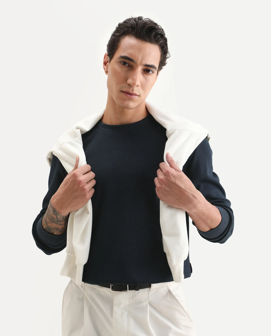 Rare Rabbit Men's Foy Navy Cotton Plain Regular Fit Full Sleeve Crew Neck Sweatshirt