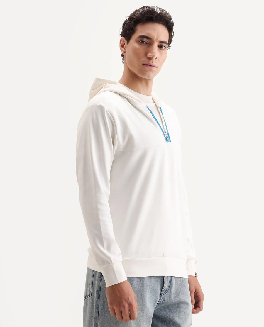 Rare Rabbit Men's Melt Off White Cotton Blend Plain Regular Fit Full Sleeve Hooded Sweatshirt