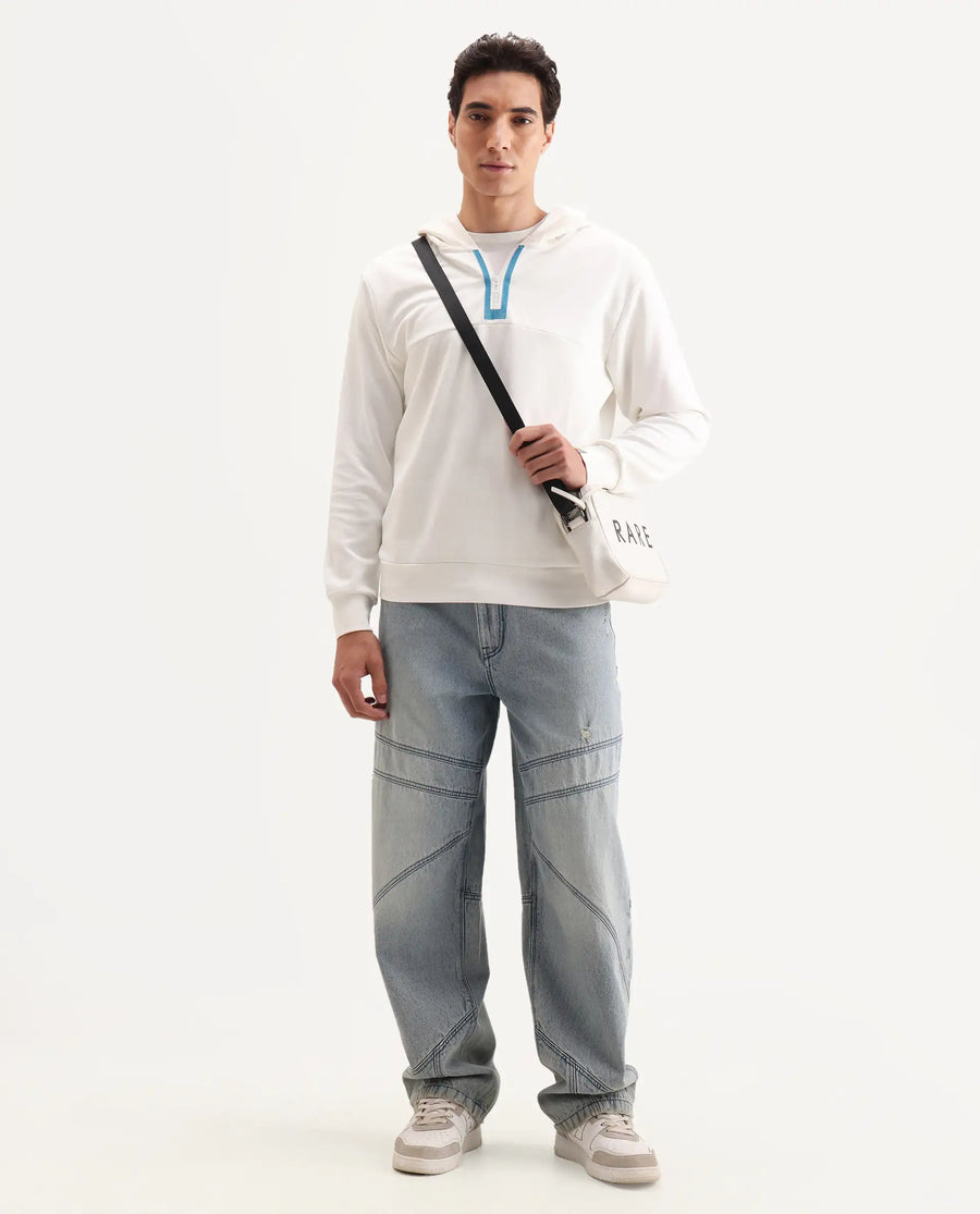 Rare Rabbit Men's Melt Off White Cotton Blend Plain Regular Fit Full Sleeve Hooded Sweatshirt