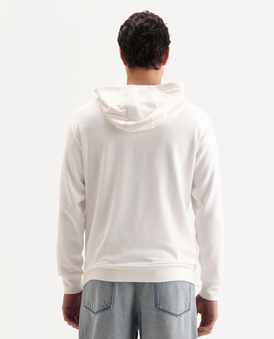 Rare Rabbit Men's Melt Off White Cotton Blend Plain Regular Fit Full Sleeve Hooded Sweatshirt