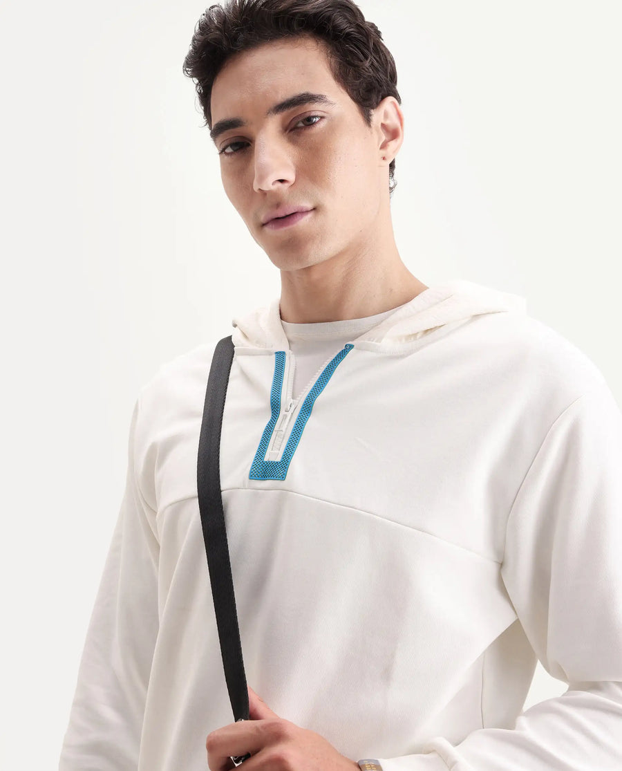 Rare Rabbit Men's Melt Off White Cotton Blend Plain Regular Fit Full Sleeve Hooded Sweatshirt