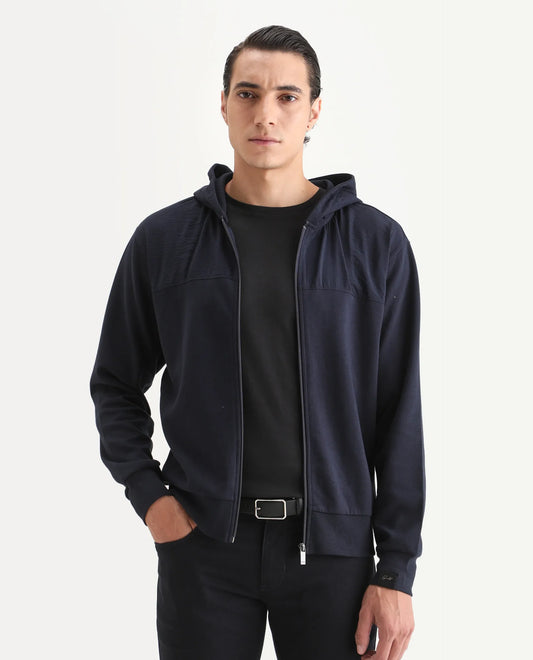 Rare Rabbit Men's Fego Navy Cotton Blend Plain Regular Fit Full Sleeve Hooded Sweatshirt