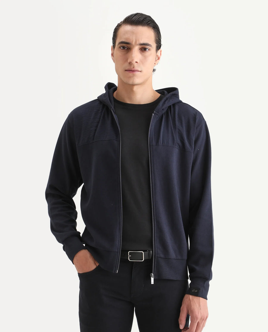 Rare Rabbit Men's Fego Navy Cotton Blend Plain Regular Fit Full Sleeve Hooded Sweatshirt