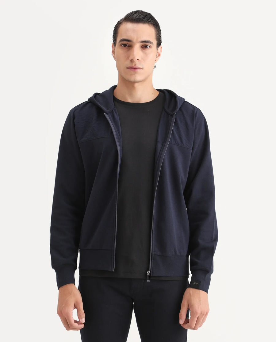Rare Rabbit Men's Fego Navy Cotton Blend Plain Regular Fit Full Sleeve Hooded Sweatshirt