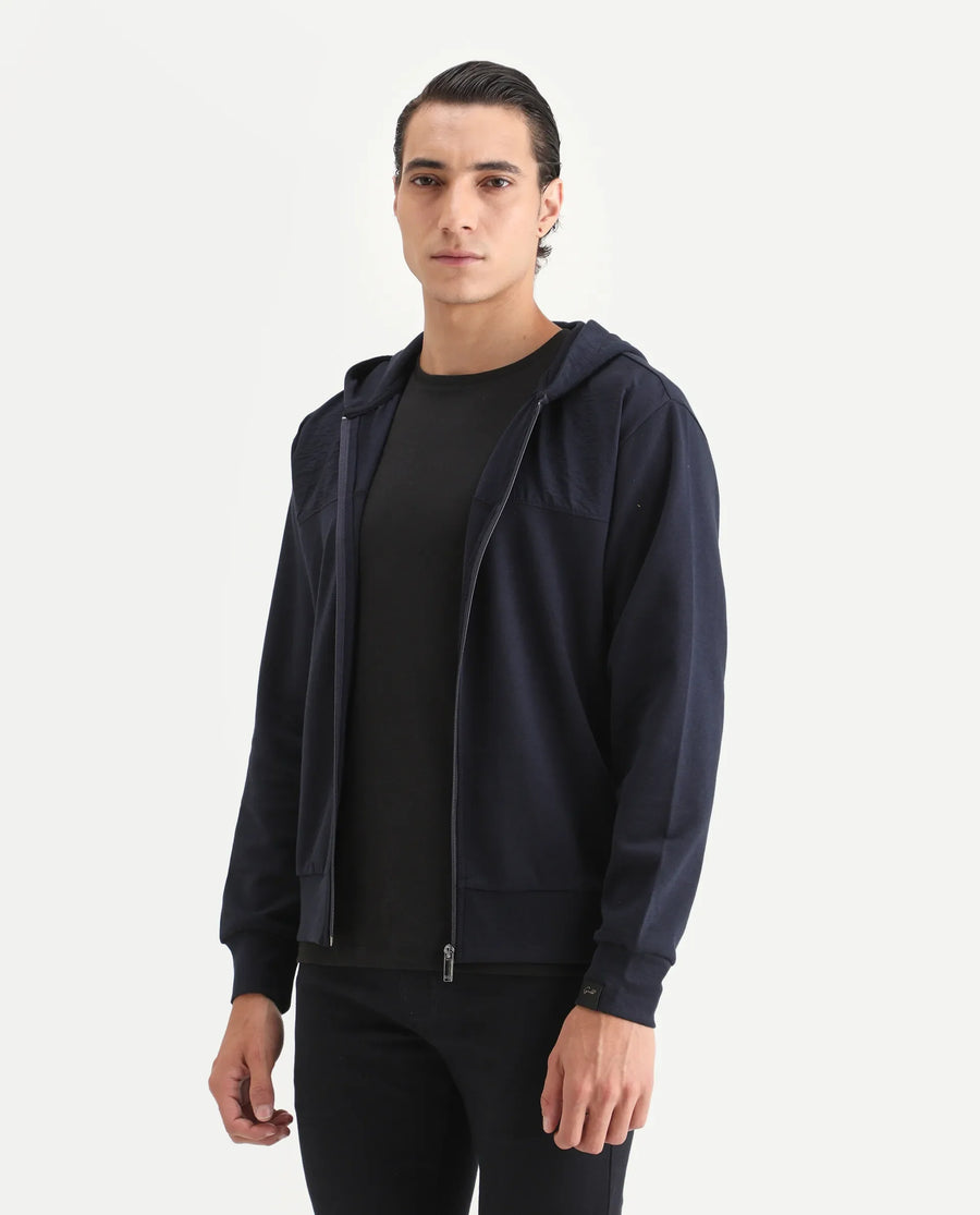 Rare Rabbit Men's Fego Navy Cotton Blend Plain Regular Fit Full Sleeve Hooded Sweatshirt