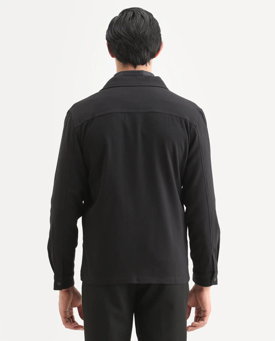 Rare Rabbit Men's Brant Black Rayon Plain Relaxed Fit Full Sleeve Collared Shacket
