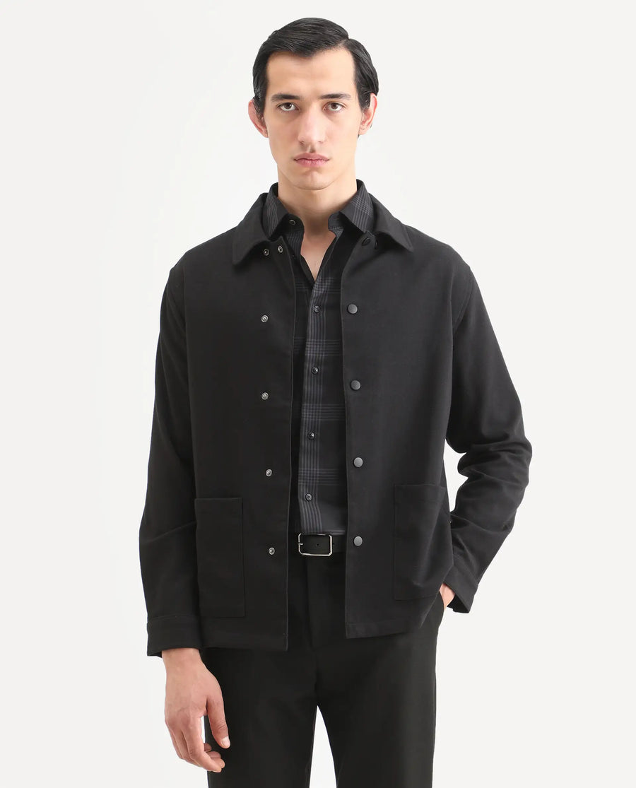 Rare Rabbit Men's Brant Black Rayon Plain Relaxed Fit Full Sleeve Collared Shacket