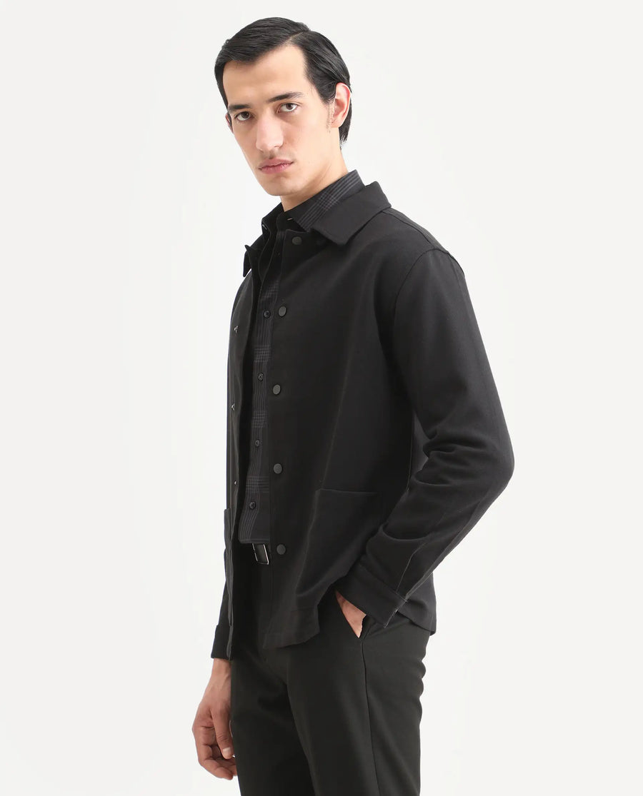 Rare Rabbit Men's Brant Black Rayon Plain Relaxed Fit Full Sleeve Collared Shacket