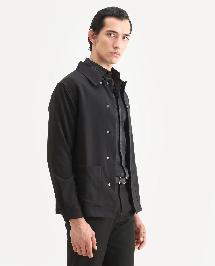 Rare Rabbit Men's Brant Black Rayon Plain Relaxed Fit Full Sleeve Collared Shacket