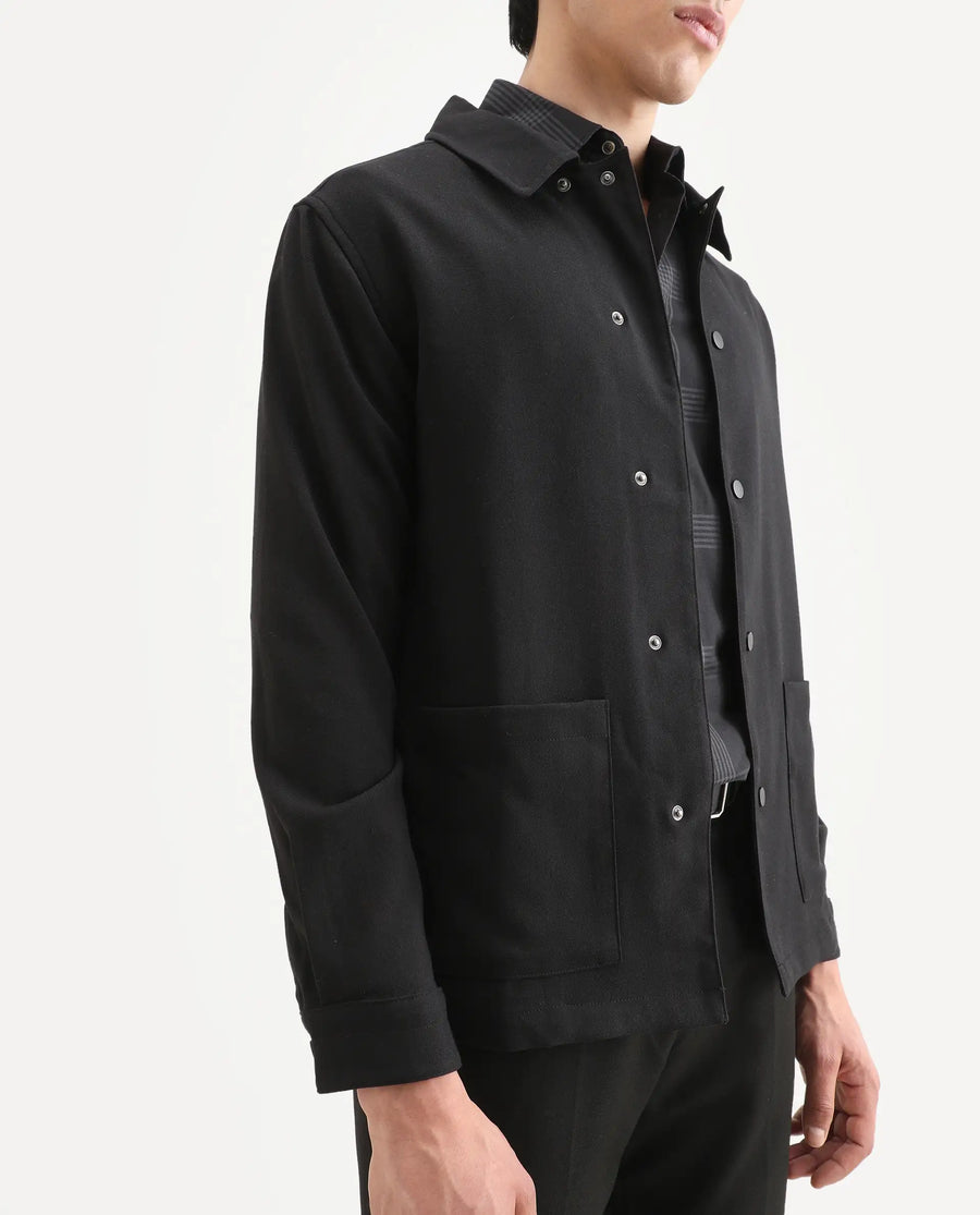 Rare Rabbit Men's Brant Black Rayon Plain Relaxed Fit Full Sleeve Collared Shacket