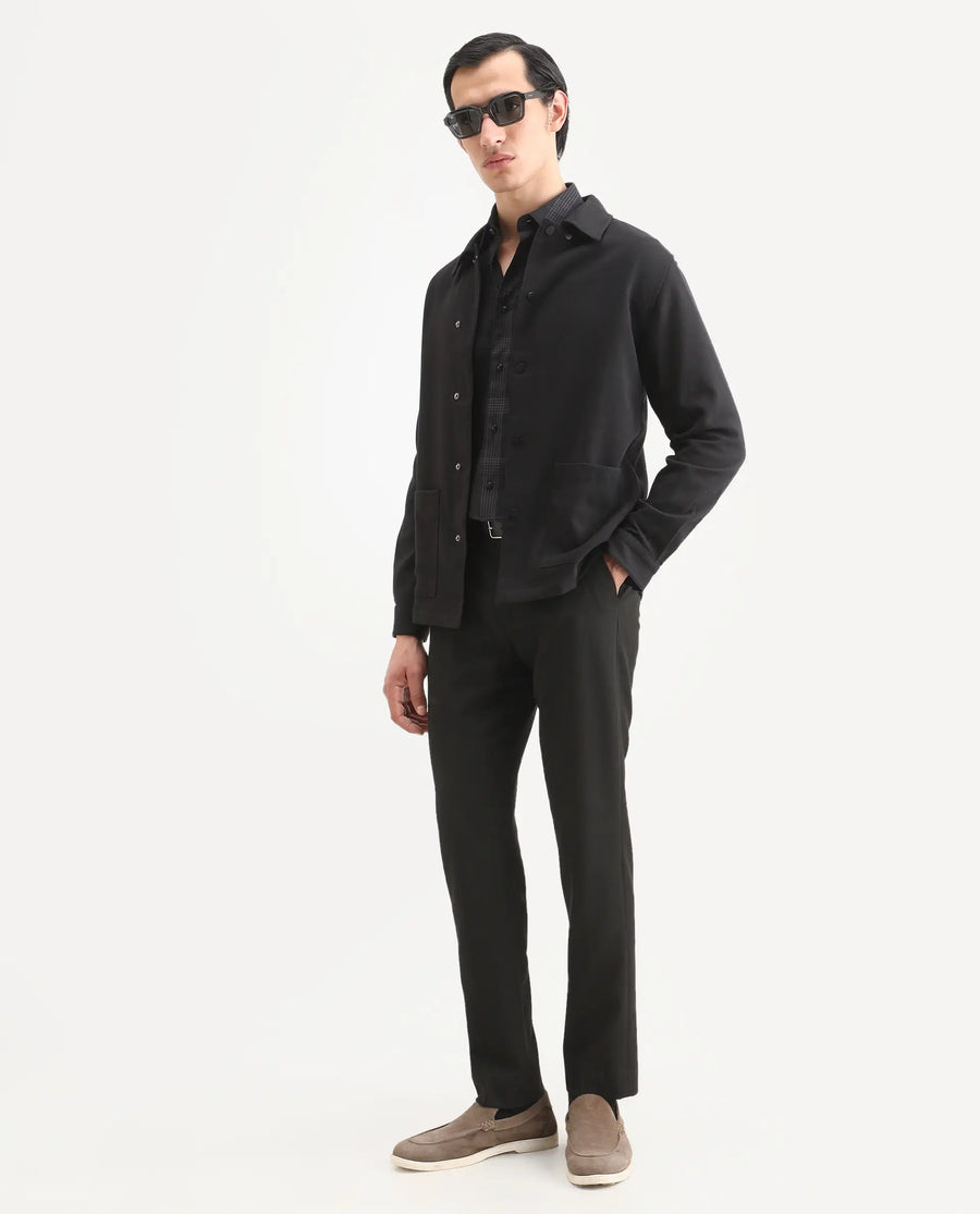 Rare Rabbit Men's Brant Black Rayon Plain Relaxed Fit Full Sleeve Collared Shacket