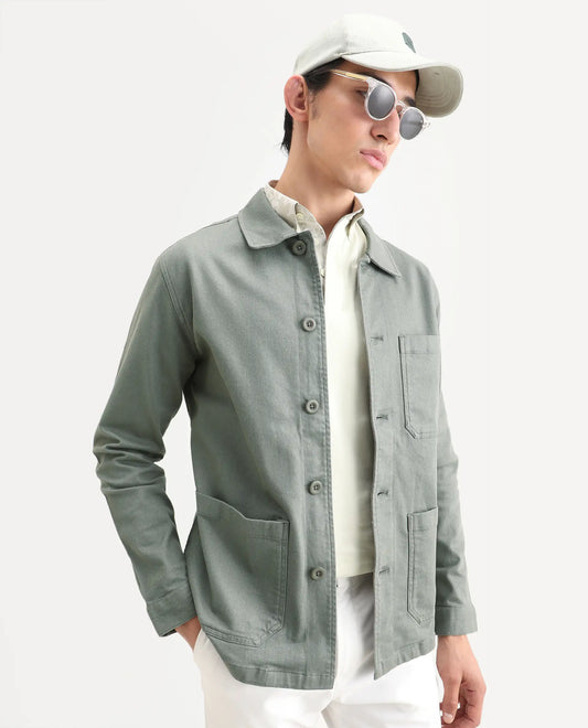 Rare Rabbit Men's Slowear Dusky Green Cotton Blend Plain Regular Fit Full Sleeve Collared Shacket