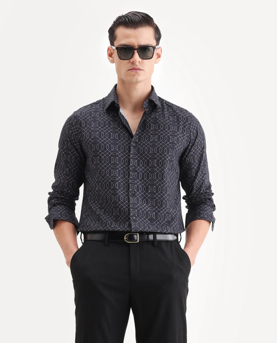 Rare Rabbit Men's Cotton Blend Geometric Print Regular Fit Full Sleeve Collared Shirt