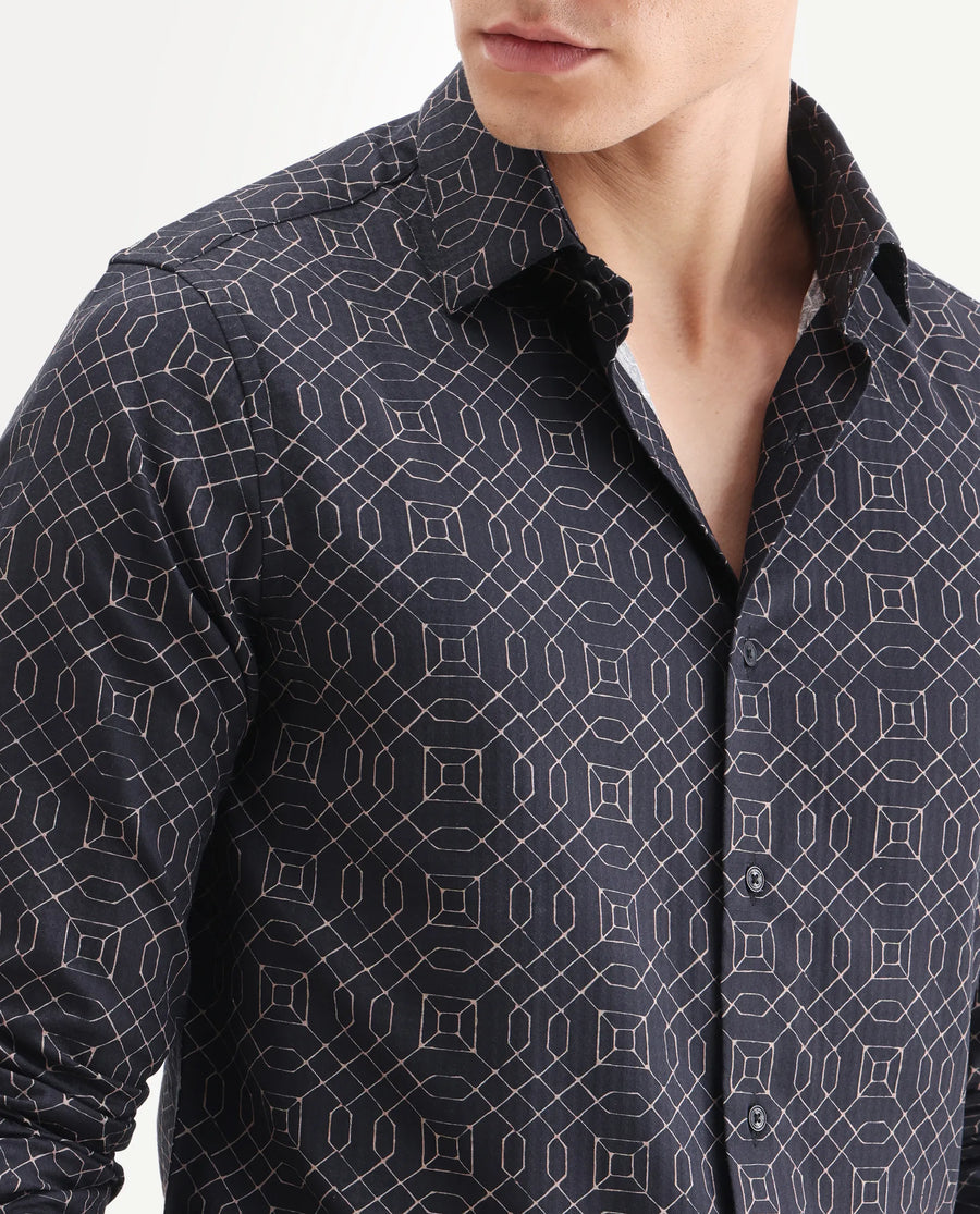 Rare Rabbit Men's Cotton Blend Geometric Print Regular Fit Full Sleeve Collared Shirt