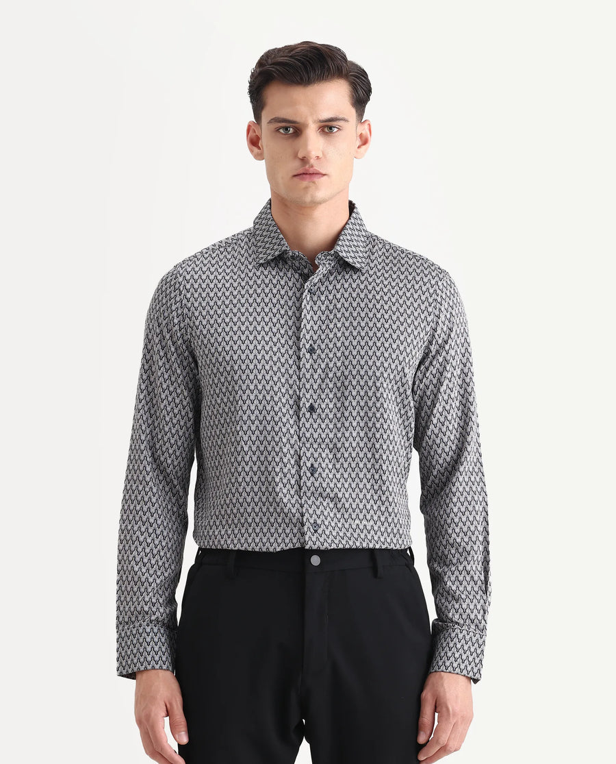 Rare Rabbit Men's Benor Grey Satin Abstract Print Regular Fit Full Sleeve Collared Shirt