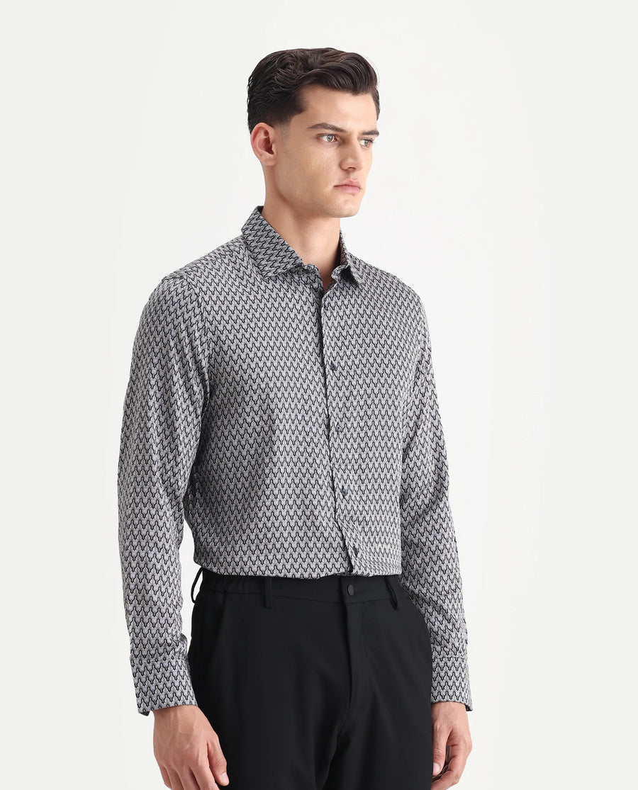 Rare Rabbit Men's Benor Grey Satin Abstract Print Regular Fit Full Sleeve Collared Shirt