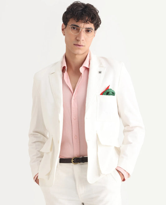 Rare Rabbit Men's Zalfo Off White Polyester Plain Regular Fit Full Sleeve Lapel Neck Jacket