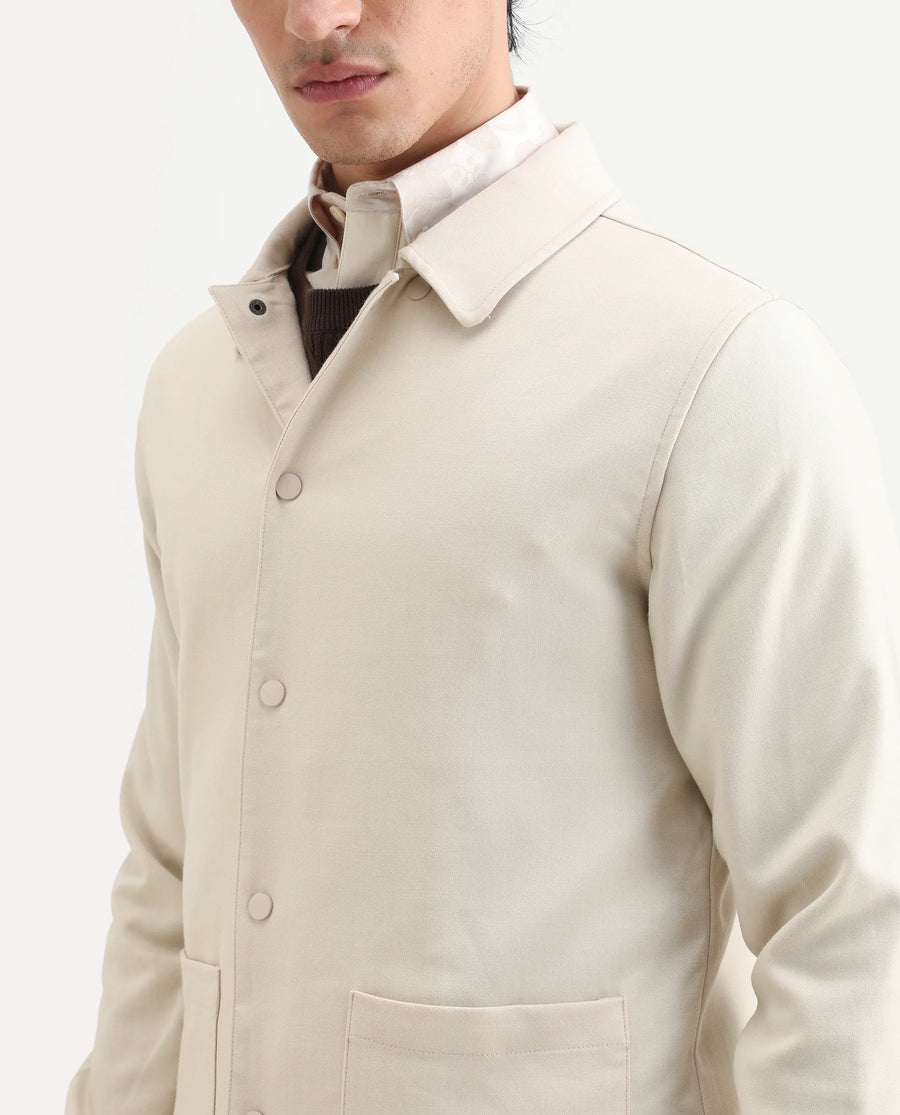 Rare Rabbit Men's Brant Off White Rayon Plain Relaxed Fit Full Sleeve Collared Shacket