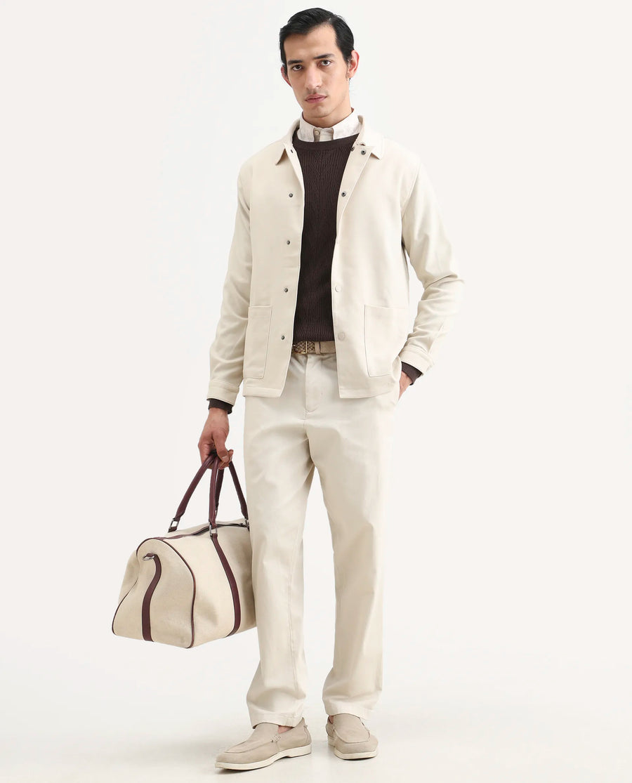 Rare Rabbit Men's Brant Off White Rayon Plain Relaxed Fit Full Sleeve Collared Shacket