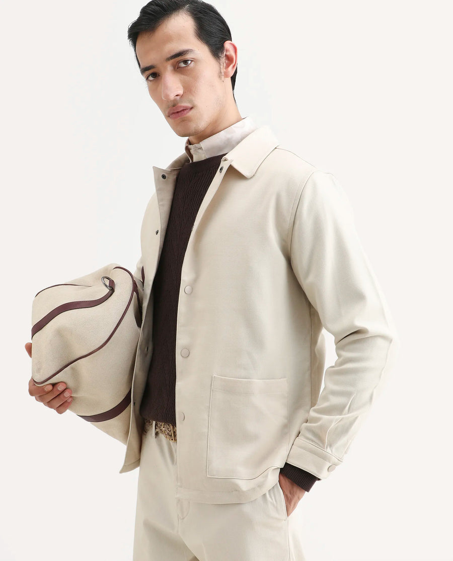 Rare Rabbit Men's Brant Off White Rayon Plain Relaxed Fit Full Sleeve Collared Shacket