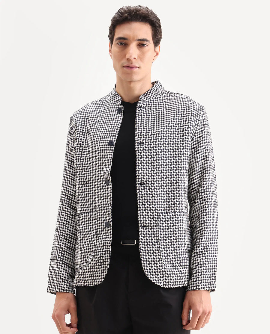 Rare Rabbit Men's Kinghound Navy Polyester Houndstooth Print Regular Fit Full Sleeve Mandarin Collar Jacket