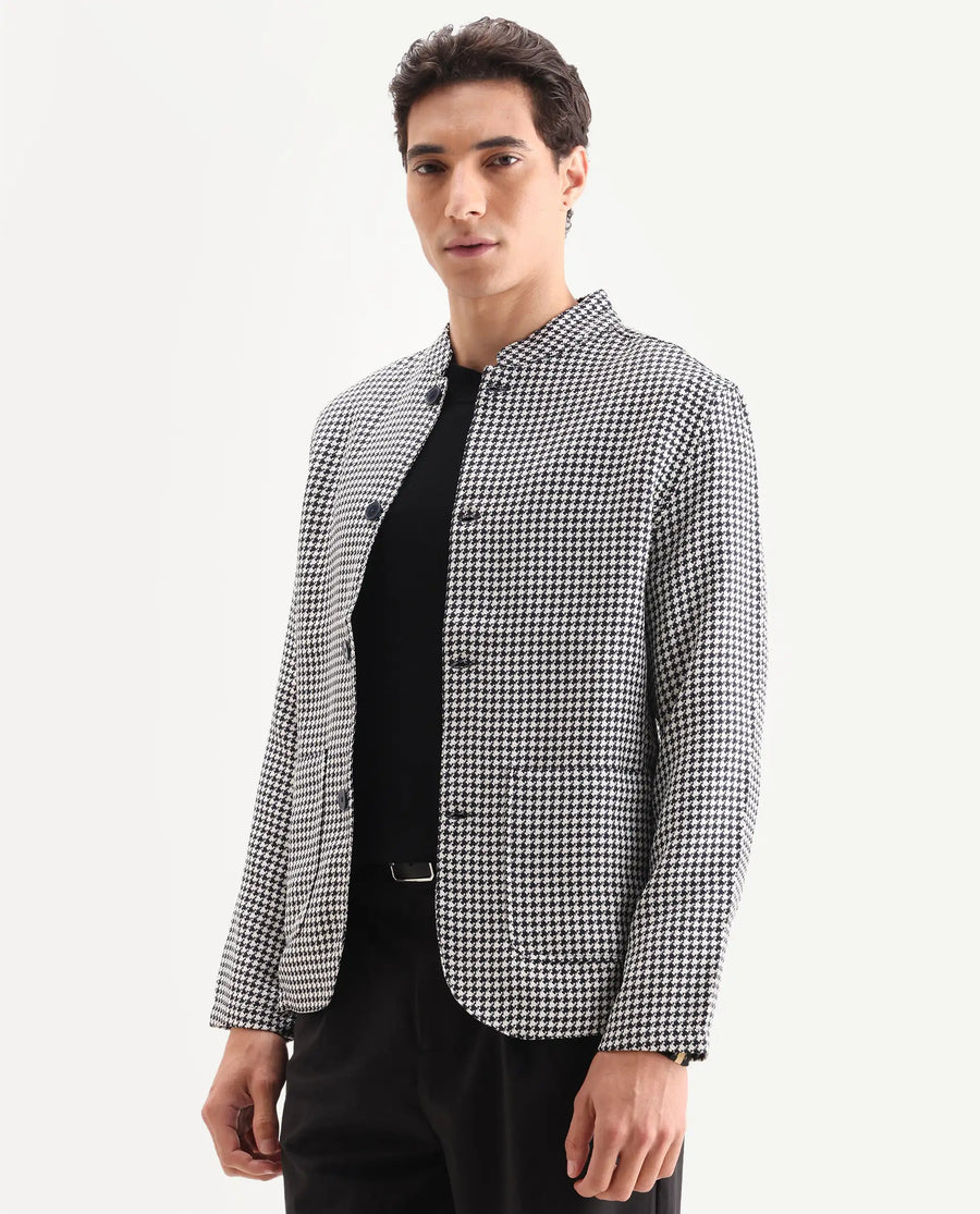 Rare Rabbit Men's Kinghound Navy Polyester Houndstooth Print Regular Fit Full Sleeve Mandarin Collar Jacket