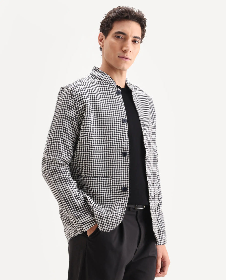 Rare Rabbit Men's Kinghound Navy Polyester Houndstooth Print Regular Fit Full Sleeve Mandarin Collar Jacket