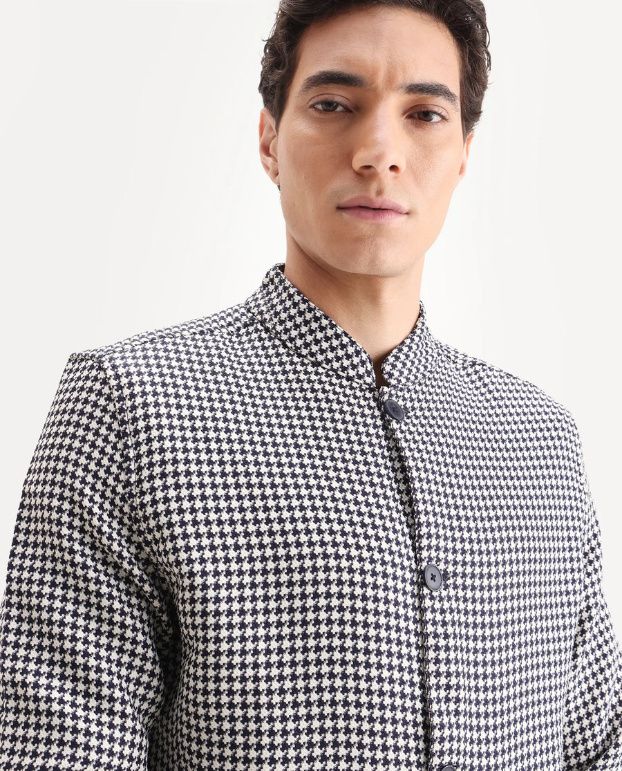 Rare Rabbit Men's Kinghound Navy Polyester Houndstooth Print Regular Fit Full Sleeve Mandarin Collar Jacket