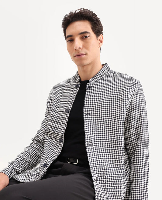 Rare Rabbit Men's Kinghound Navy Polyester Houndstooth Print Regular Fit Full Sleeve Mandarin Collar Jacket