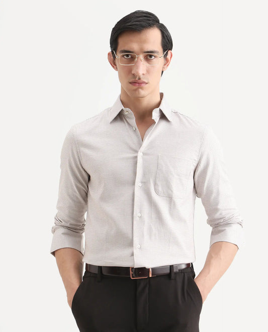 Rare Rabbit Men's Fresno Beige Cotton Dobby Print Regular Fit Full Sleeve Collared Shirt