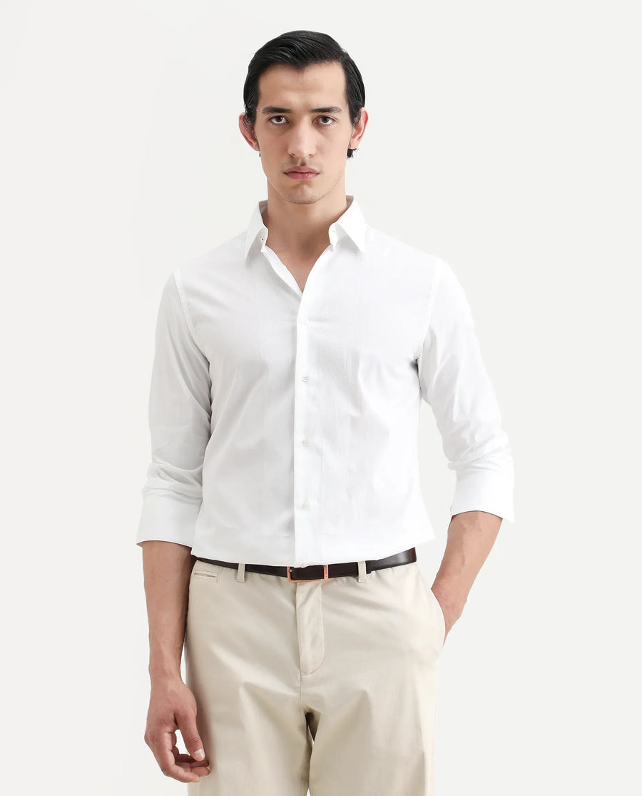 Rare Rabbit Men's Pedron White Cotton Plain Regular Fit Full Sleeve Collared Shirt