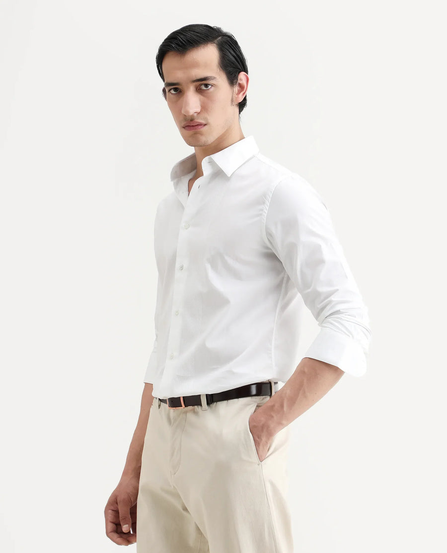 Rare Rabbit Men's Pedron White Cotton Plain Regular Fit Full Sleeve Collared Shirt