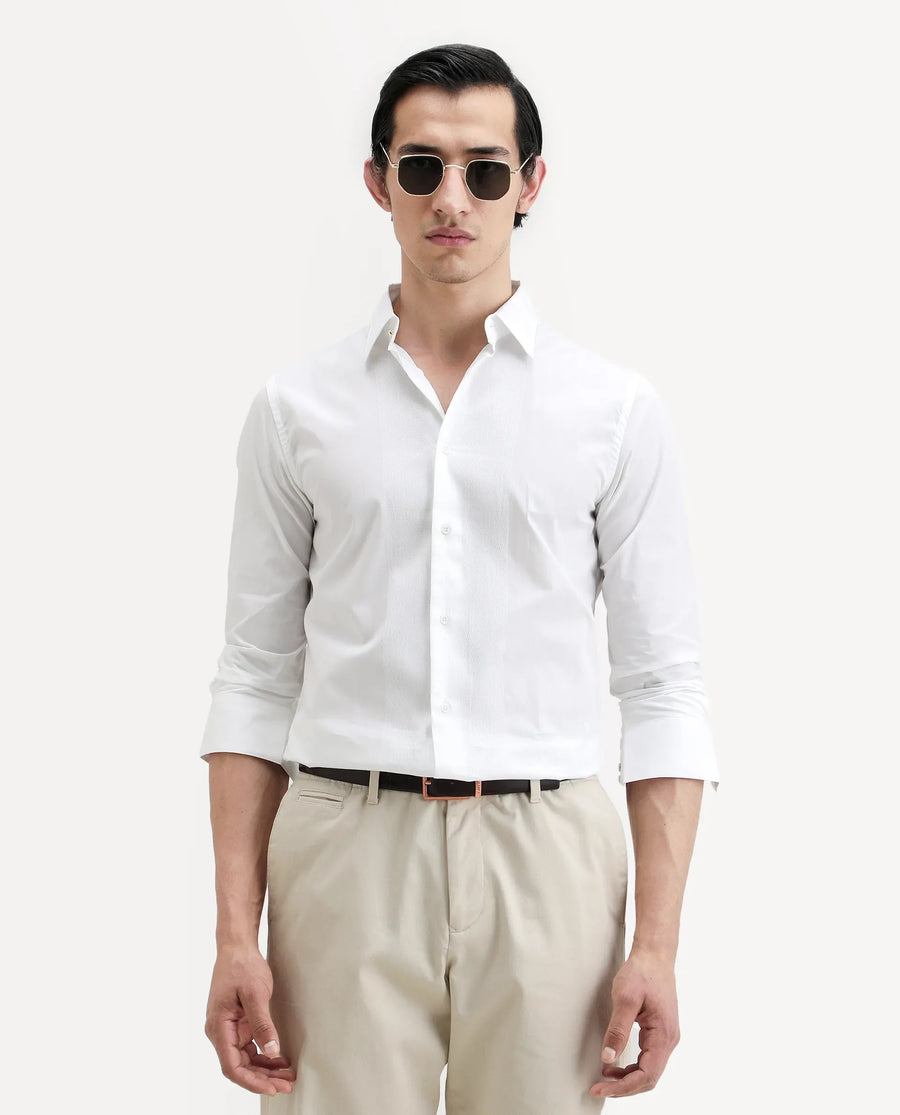 Rare Rabbit Men's Pedron White Cotton Plain Regular Fit Full Sleeve Collared Shirt