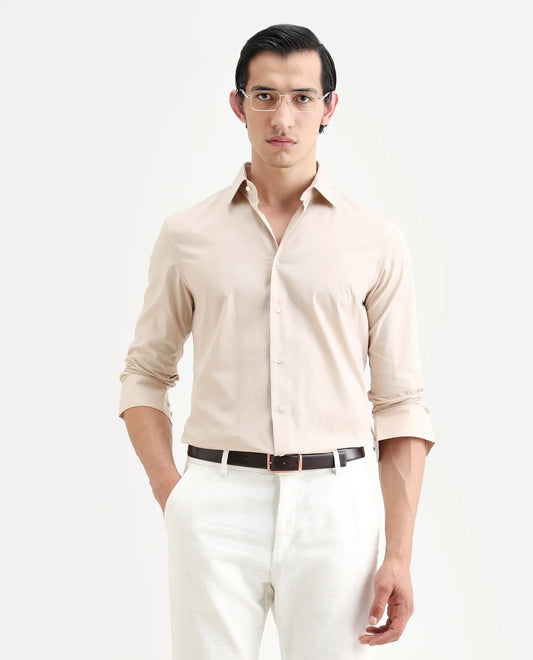 Rare Rabbit Men's Pedron Beige Cotton Plain Regular Fit Full Sleeve Collared Shirt
