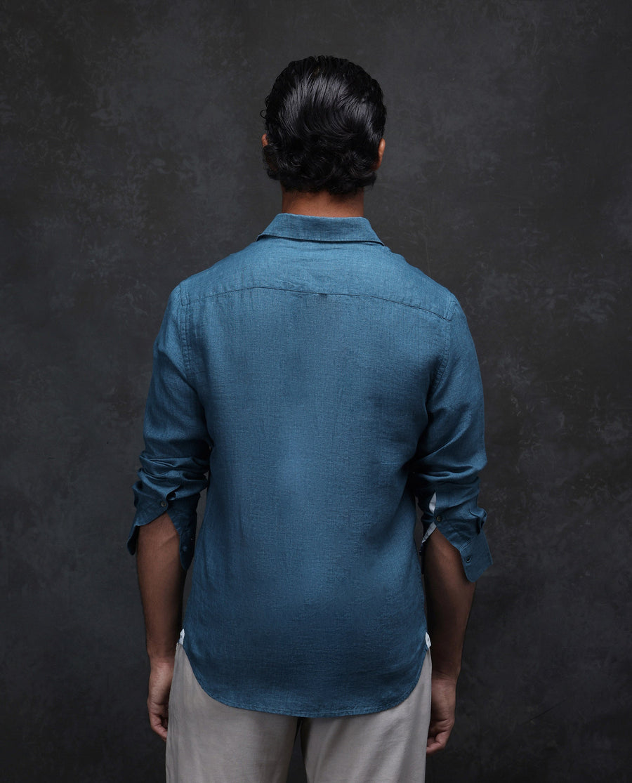 Rare Rabbit Men's Dalin Blue 100% Linen Plain Regular Fit Full Sleeve Collared Shirt