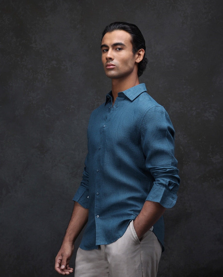 Rare Rabbit Men's Dalin Blue 100% Linen Plain Regular Fit Full Sleeve Collared Shirt