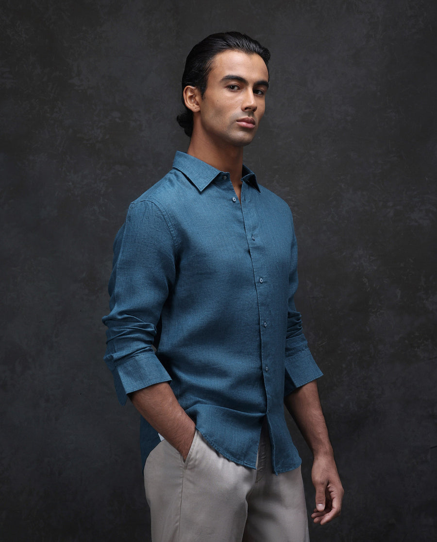 Rare Rabbit Men's Dalin Blue 100% Linen Plain Regular Fit Full Sleeve Collared Shirt