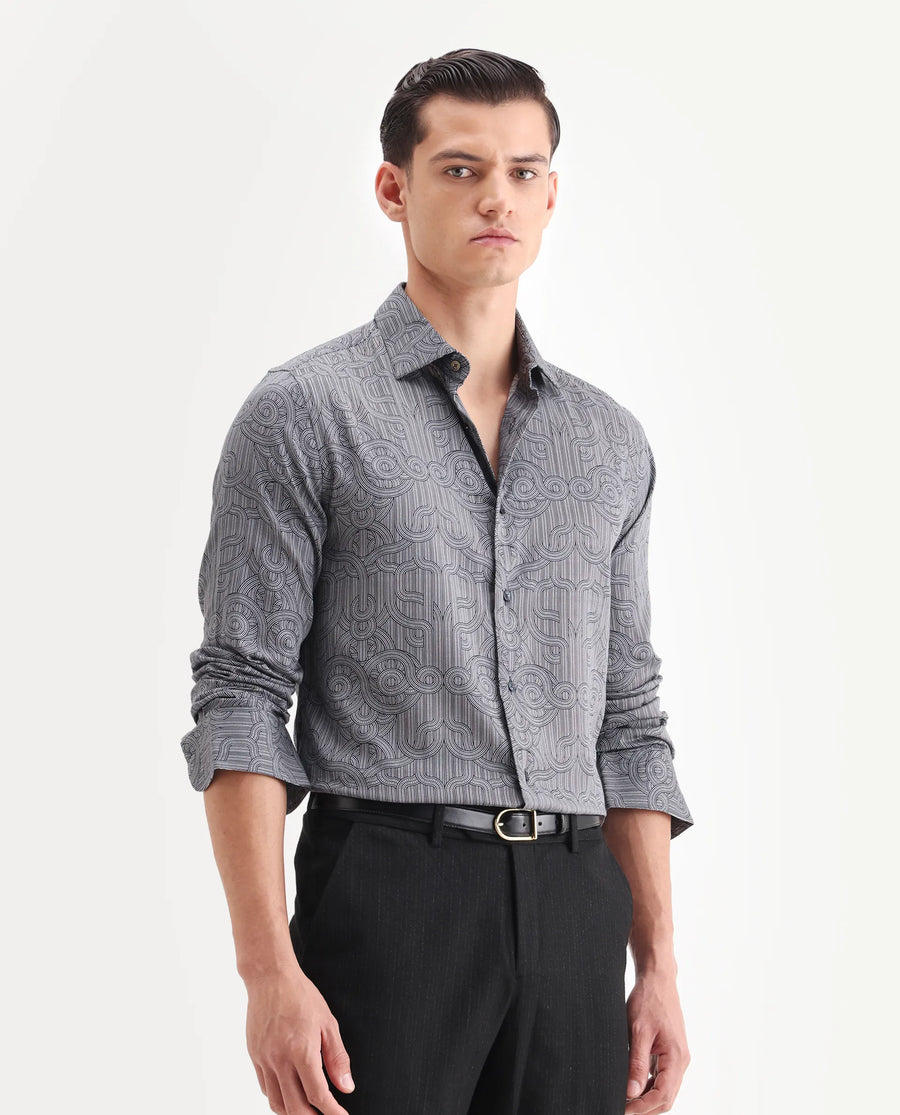 Rare Rabbit Men's Orly - Dark Grey Cotton Decorative Print Regular Fit Full Sleeve Collared Shirt