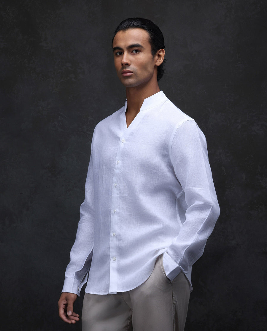 Rare Rabbit Men's Fig White 100% Linen Plain Regular Fit Full Sleeve Collared Shirt