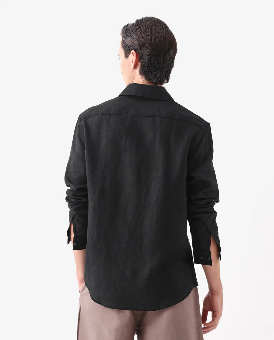 Rare Rabbit Men's Figh Black 100% Linen Plain Regular Fit Full Sleeve Collared Shirt